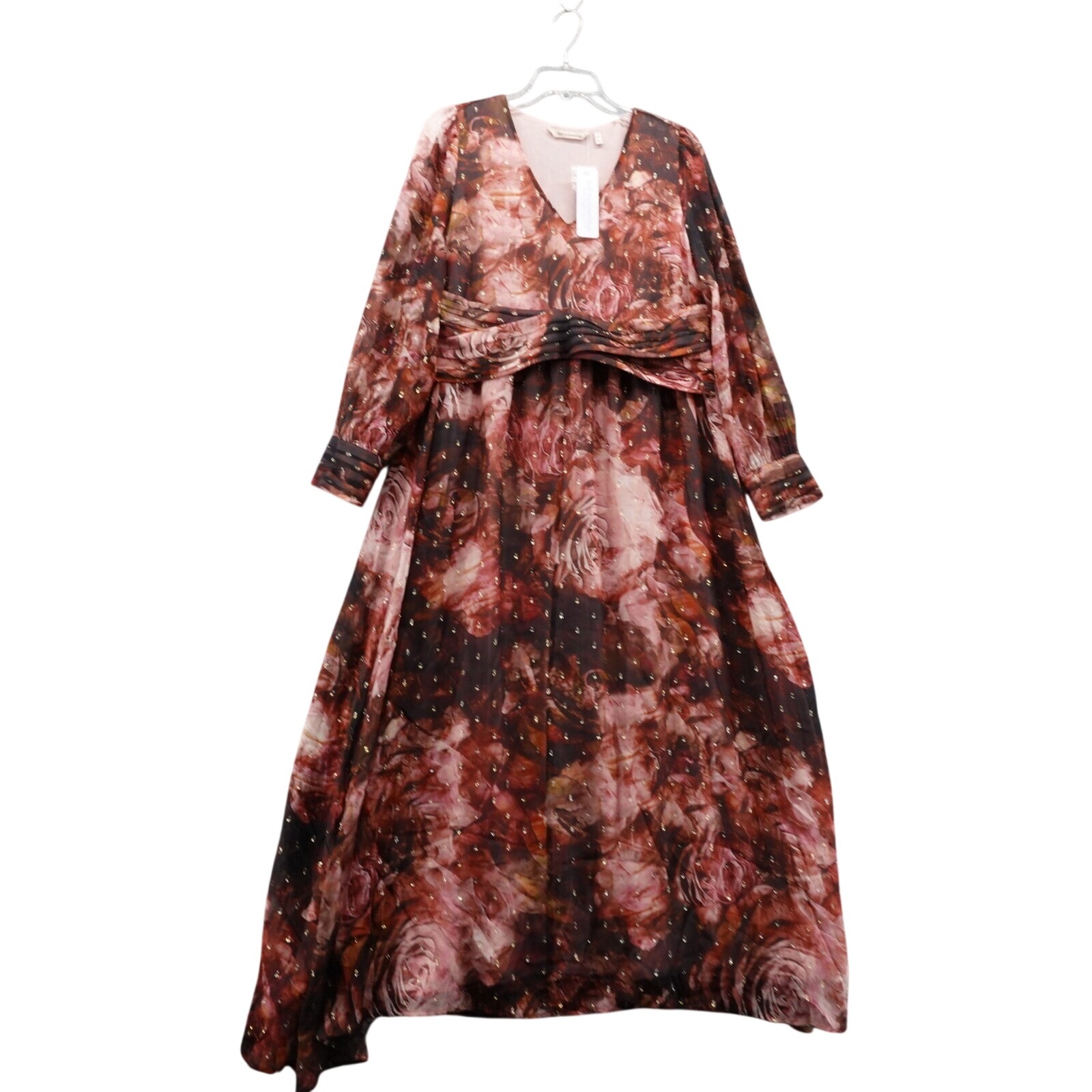 Soft Surroundings Rina Silk Floral Maxi Dress Gold Clip Dot V Neck Size 8 New